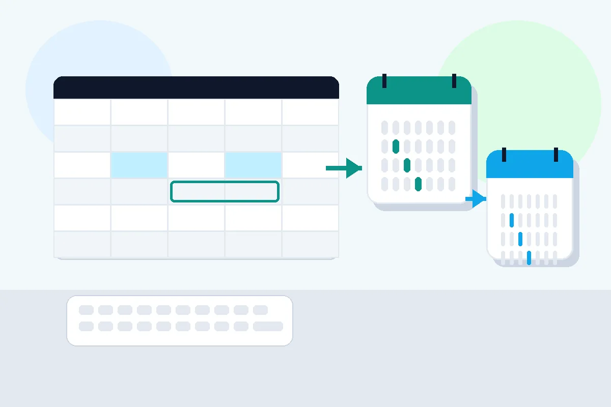 抽象的な表計算シートと2つのカレンダーを日付差の矢印でつないだ編集型イラスト