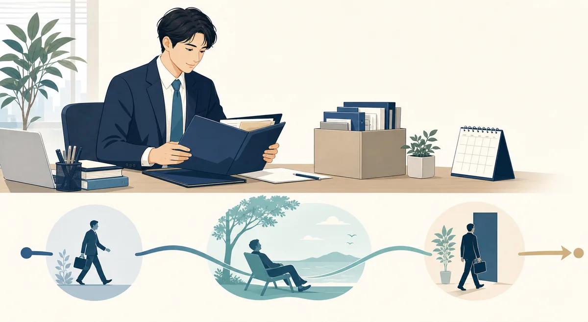 退職前に引継ぎを終え、有給休暇から退職日へ進む流れのイラスト